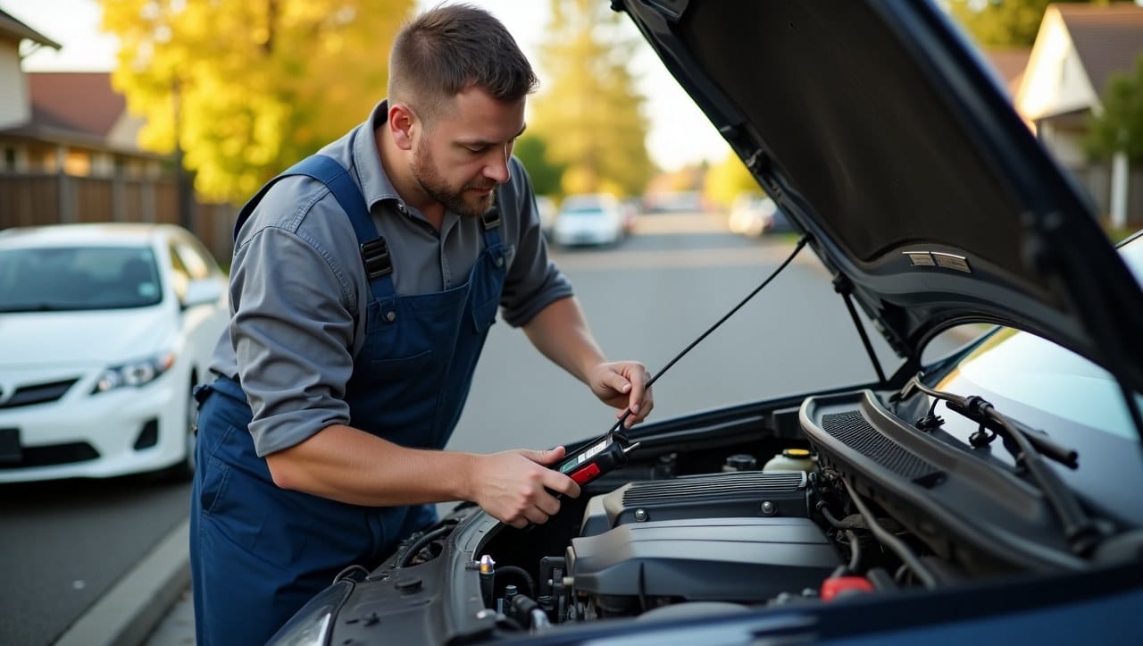 A professional mobile mechanic working on a car engine outside a home or office in Tacoma, Washington. The mechanic is using diagnostic tools, and the scene shows a sunny suburban neighborhood with trees and parked cars.