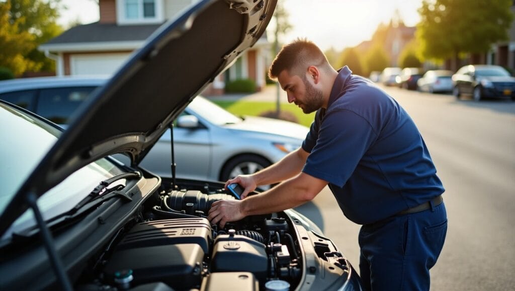A professional mobile mechanic working on a car engine outside a home or office in Tacoma, Washington. The mechanic is using diagnostic tools, and the scene shows a sunny suburban neighborhood with trees and parked cars.