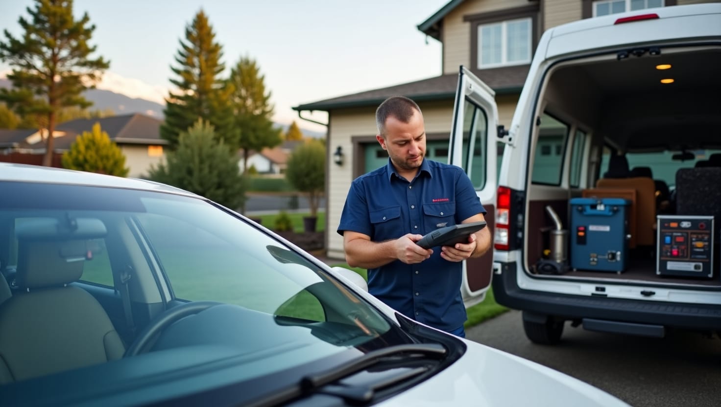 On-site car diagnostics being performed by a certified technician beside a mobile repair van in Tacoma, WA