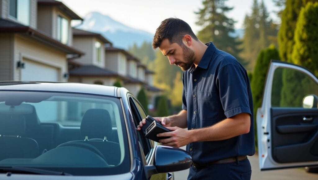 Mobile mechanic scanning a car's engine with a diagnostic tool in a Tacoma residential area