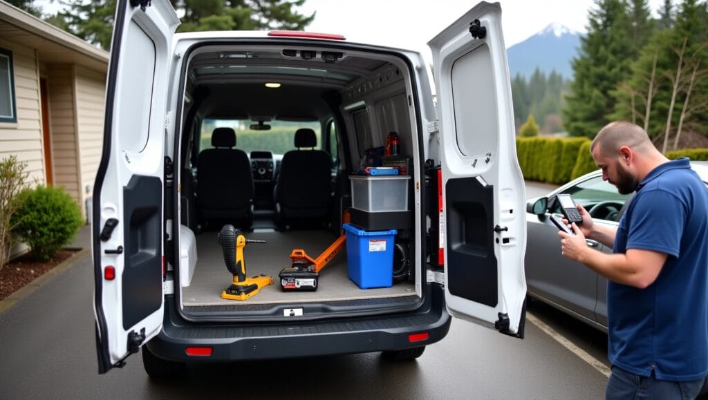 Mobile mechanic using a diagnostic scanner on a car in a Tacoma driveway with tools laid out